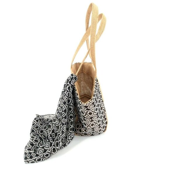 Cypress Home Shoulder Bag With Scarf Jute Beige Black White Coated‎ Lining - Picture 8 of 9
